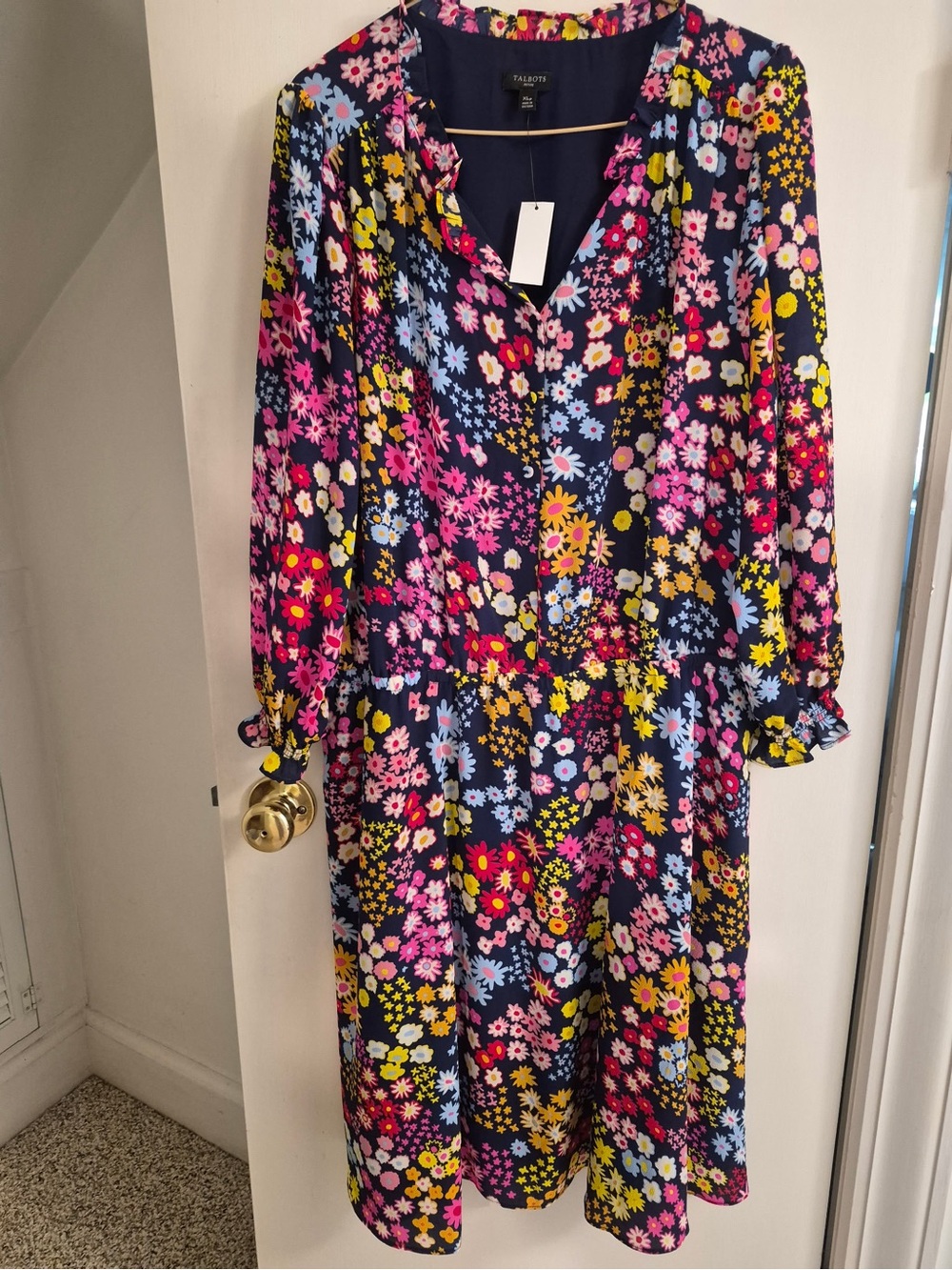 Talbots Navy Floral Midi Dress with Pink, Yellow & Light Blue Flowers